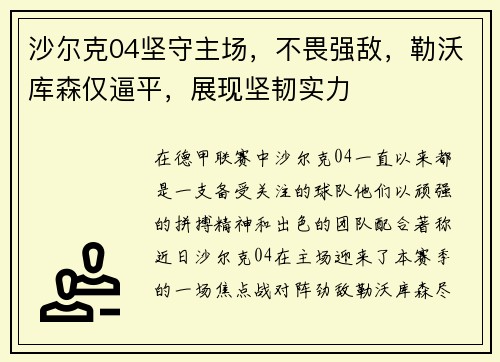 沙尔克04坚守主场，不畏强敌，勒沃库森仅逼平，展现坚韧实力