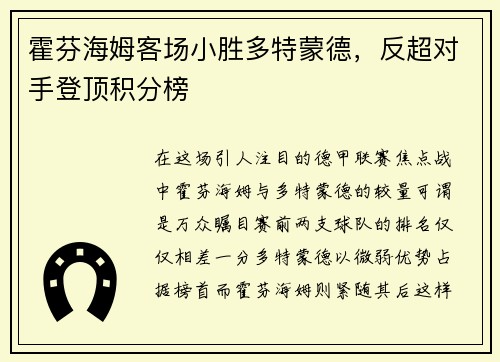 霍芬海姆客场小胜多特蒙德，反超对手登顶积分榜
